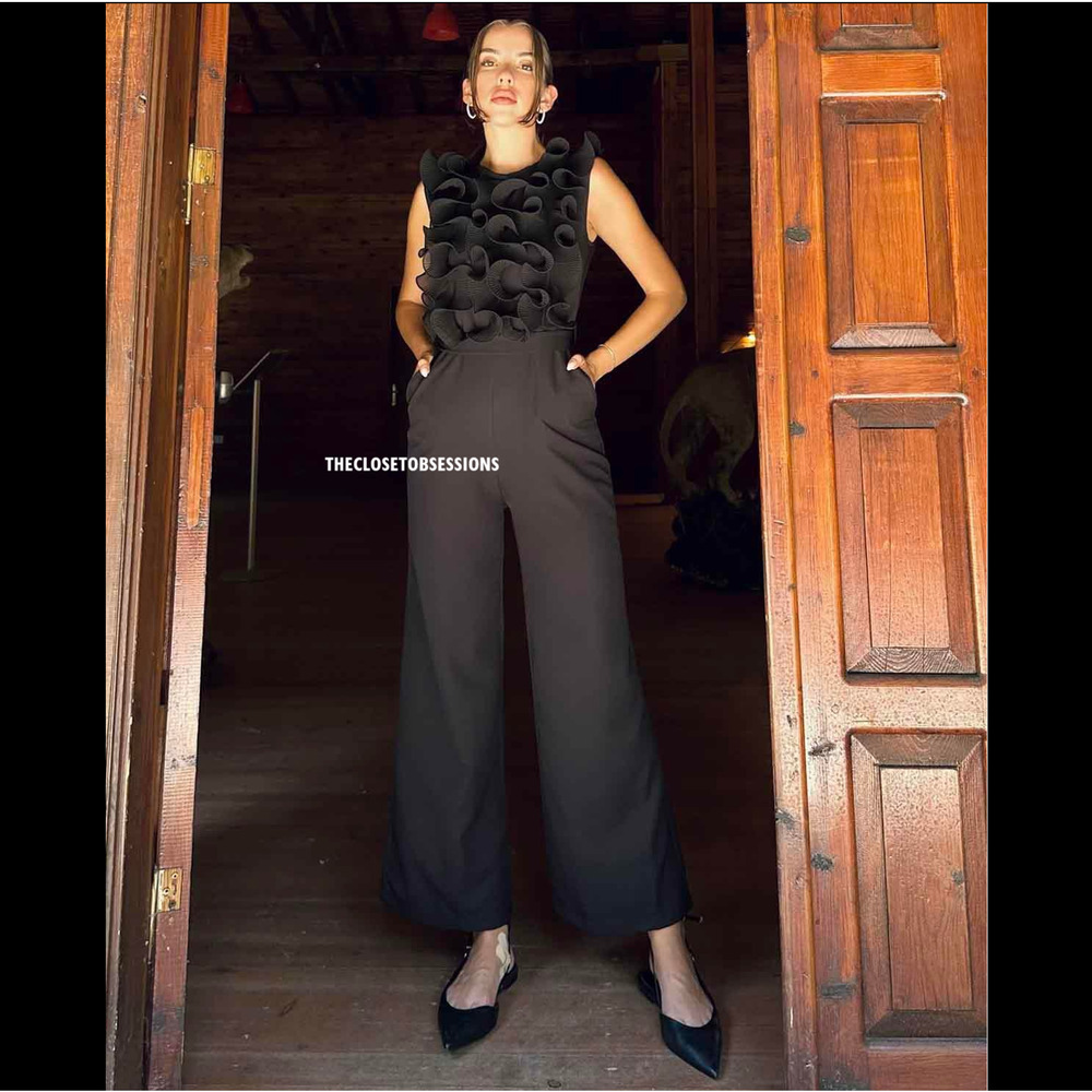 Zara Black Ruffle Wide Leg Jumpsuit Belted Sleeveless Elegant Evening Size M NWT - Picture 13 of 16